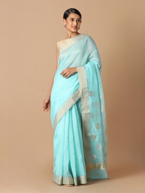 

Taneira Blue & Silver-Toned Ethnic Motifs Zari Silk Cotton Chanderi Saree