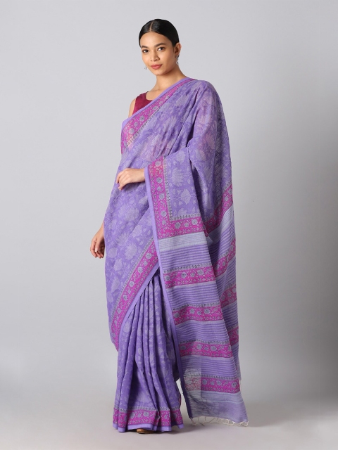 

Taneira Violet & Pink Floral Pure Cotton Block Print Saree