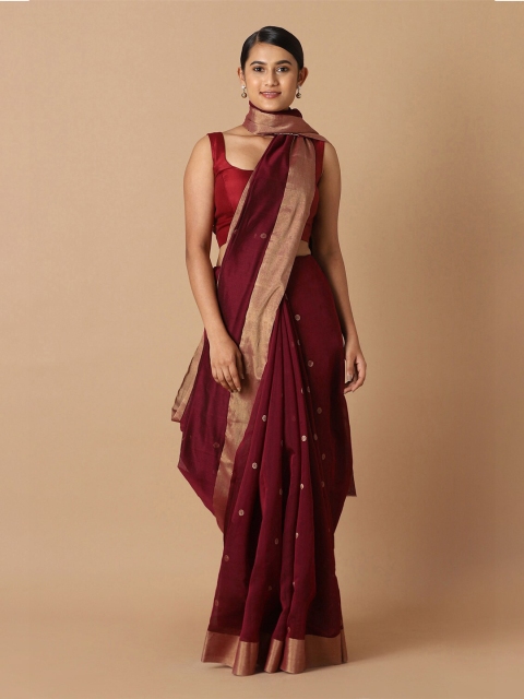 

Taneira Red & Gold-Toned Woven Design Zari Silk Cotton Chanderi Saree