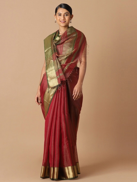 

Taneira Red & Green Zari Tissue Maheshwari Saree