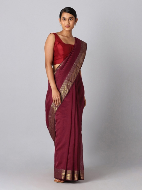 

Taneira Red & Gold-Toned Zari Silk Cotton Maheshwari Saree