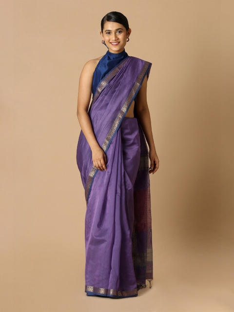 

Taneira Violet & Gold-Toned Zari Silk Cotton Maheshwari Saree