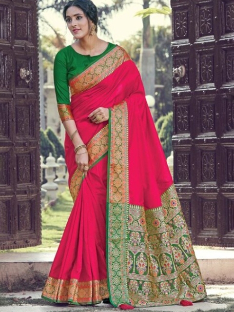 

KARAGIRI Magenta And Green Woven Design Zari Border Saree