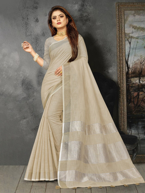 

KARAGIRI Beige And Silver-Toned Solid Zari Saree