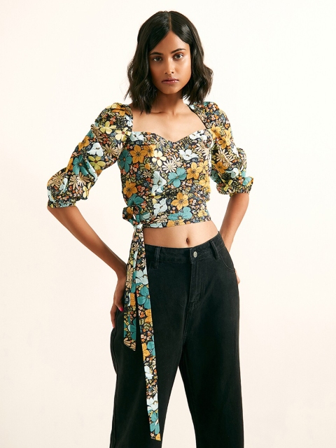 

COVER STORY Green & Mustard Yellow Floral Print Sweetheart Neck Blouson Top