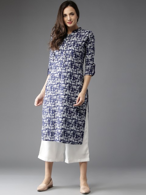 

HERE&NOW Women Blue & Off-White Printed Straight Kurta