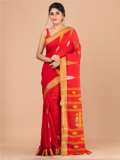 

Laa Calcutta Red & Gold-Toned Ethnic Motifs Zari Pure Cotton Jamdani Saree