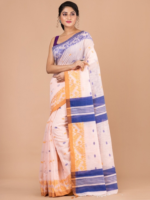 

Laa Calcutta White & Blue Ethnic Motifs Pure Cotton Jamdani Saree