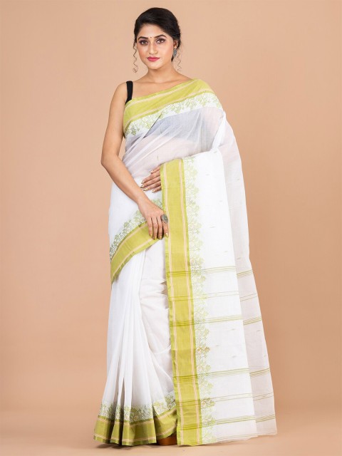 

Laa Calcutta White & Green Pure Cotton Jamdani Saree