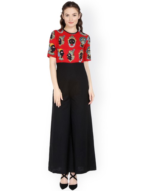 

Desi Weavess Black & Red Kathak Print Jumpsuit
