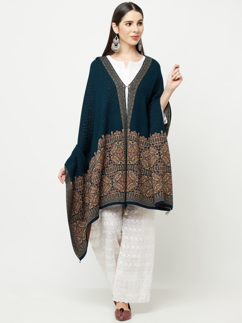 

Knitstudio Women Teal-Coloured Woven Design Knitted Shawl