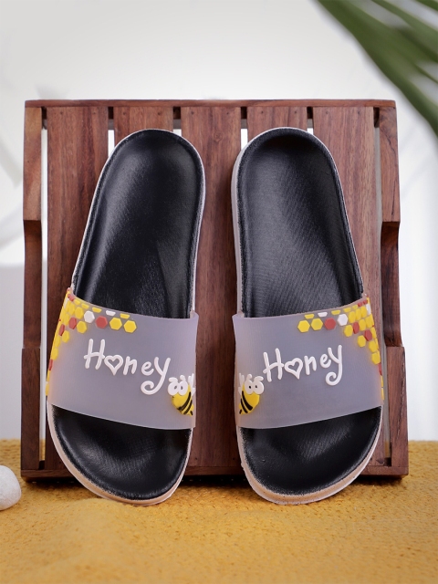 

Pampy Angel Women Black & Yellow Printed Rubber Sliders