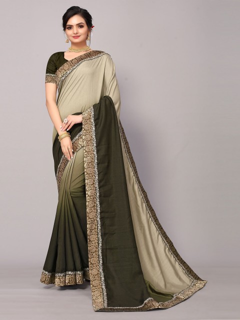 

ODETTE Green & Beige Ombre Embroidered Silk Blend Saree