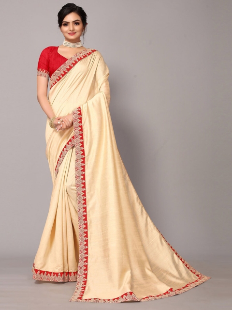 

ODETTE Beige & Red Embroidered Silk Blend Saree