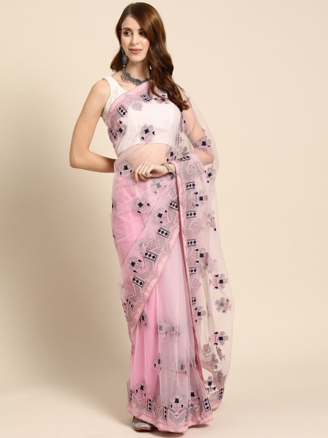

ODETTE Pink & Black Floral Embroidered Net Saree