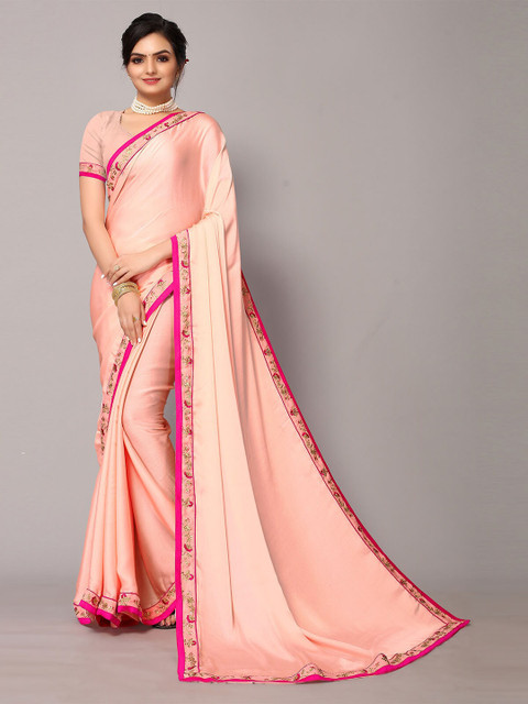 

ODETTE Peach-Coloured & Pink Embroidered Saree