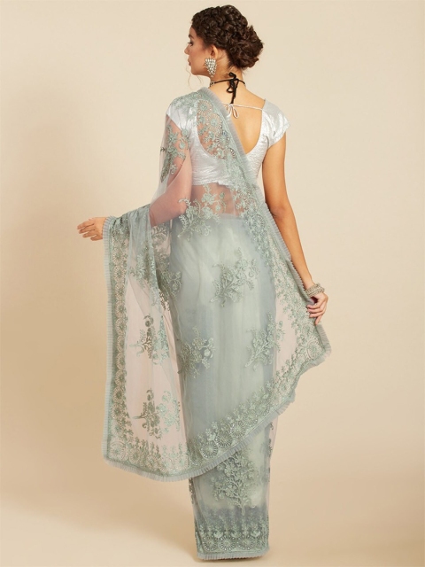 

ODETTE Teal Floral Embroidered Net Saree