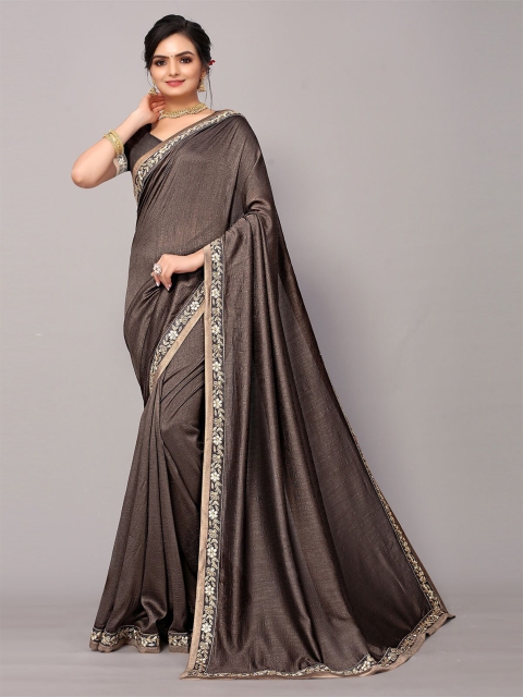 

ODETTE Grey & Gold-Toned Embroidered Border Saree