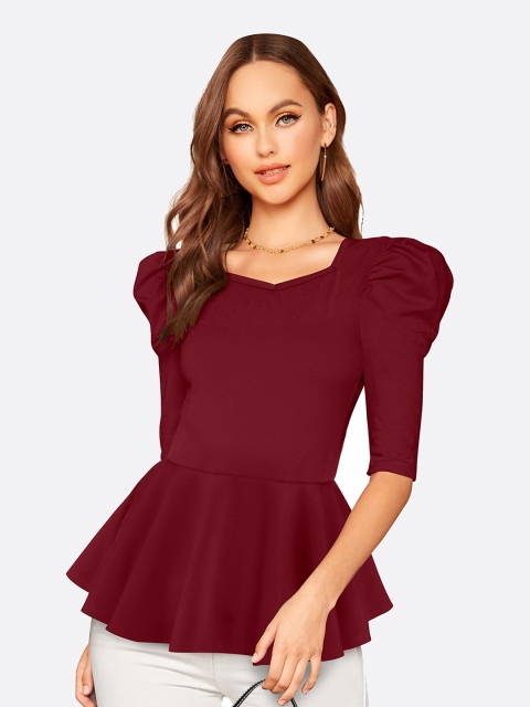 

FAVRIZ Women Maroon Solid Peplum Top
