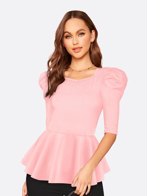 

FAVRIZ Pink Sweetheart Neck Peplum Top with Puffed Sleeves