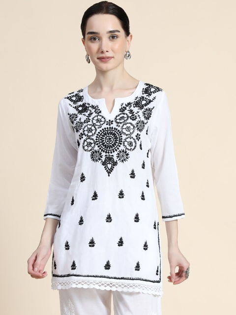 

HOUSE OF KARI Women White & Black Ethnic Motifs Embroidered Keyhole Neck Thread Work Kurta