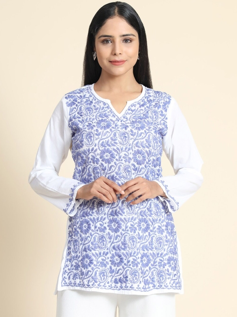 

HOUSE OF KARI Women White & Blue Ethnic Motifs Embroidered Chikankari Kurta