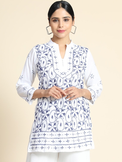 

HOUSE OF KARI Women White & Blue Ethnic Motifs Printed Thread Work Kurta