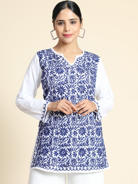 

HOUSE OF KARI Women White & Navy Blue Ethnic Motifs Embroidered Thread Work Kurta
