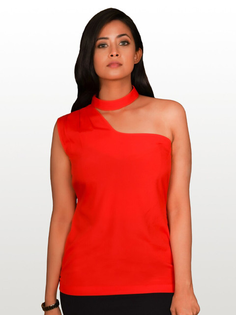 

Hencemade Red Solid One Shoulder Polycotton Top