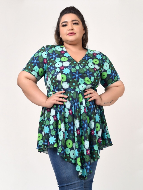 

Hencemade Women Plus Size Blue & Green Floral Print Wrap Longline Top