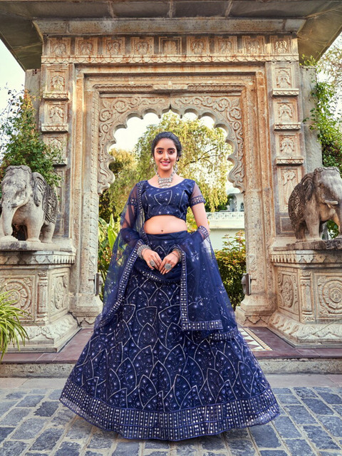 

SHOPGARB Blue & White Embellished Thread Work Semi-Stitched Lehenga & Unstitched Blouse With Dupatta