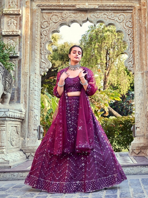 

SHOPGARB Purple & White Embellished Mirror Work Semi-Stitched Lehenga & Unstitched Blouse With Dupatta
