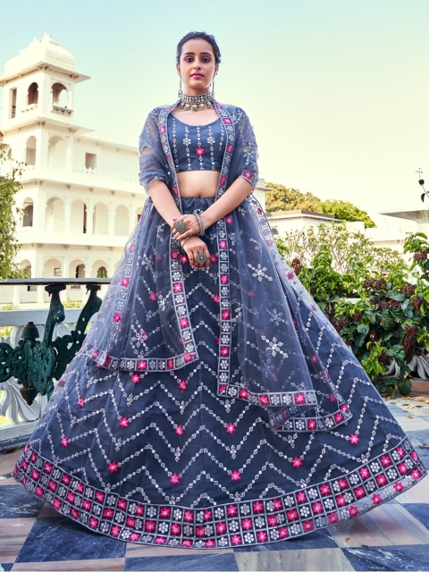 

SHOPGARB Grey & Pink Embellished Thread Work Semi-Stitched Lehenga & Unstitched Blouse With Dupatta