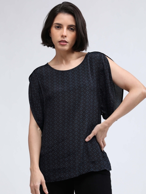 

IDK Women Black & Blue Geometric Print Slit Sleeves Top