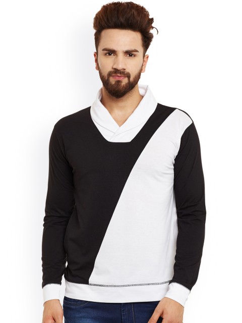 

Hypernation Men Black & White Colourblocked Cowl Neck Slim Fit T-shirt