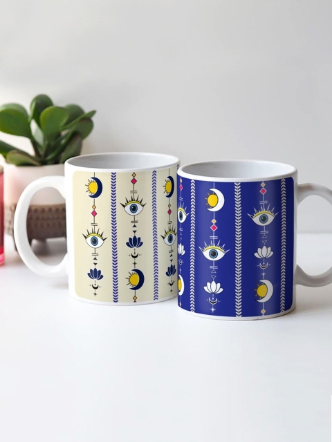 

Indigifts Pack of 2 Blue & Beige Printed Ceramic Glossy Mugs