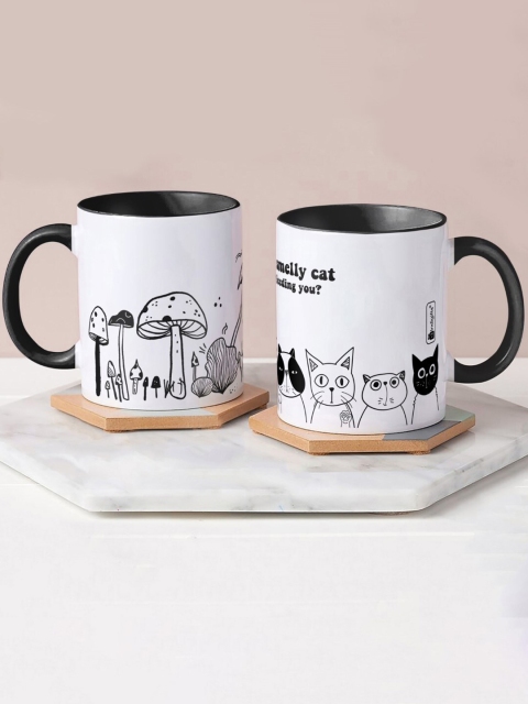 

Indigifts Pack of 2 White & Black Printed Ceramic Glossy Mugs