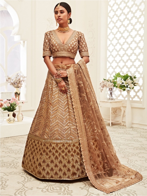 

FABPIXEL Gold-Toned Embroidered Sequinned Semi-Stitched Lehenga & Unstitched Blouse With Dupatta