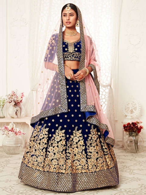

FABPIXEL Navy Blue & Gold-Toned Embroidered Semi-Stitched Lehenga & Unstitched Blouse With Dupatta