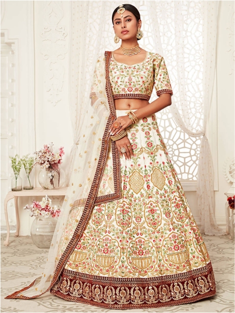 

FABPIXEL Off White & Pink Zardozi Semi-Stitched Lehenga & Unstitched Blouse With Dupatta