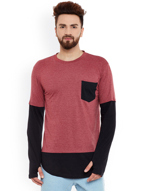 

Hypernation Men Pink & Black Colourblocked Round Neck Slim Fit T-shirt