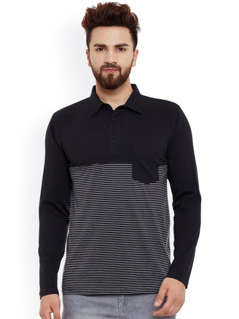 

Hypernation Men Black & White Striped Polo Collar Slim Fit T-shirt