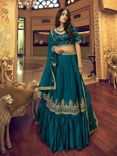 

ODETTE Teal & Gold-Toned Embellished Thread Work Semi-Stitched Lehenga & Unstitched Blouse With Dupatta