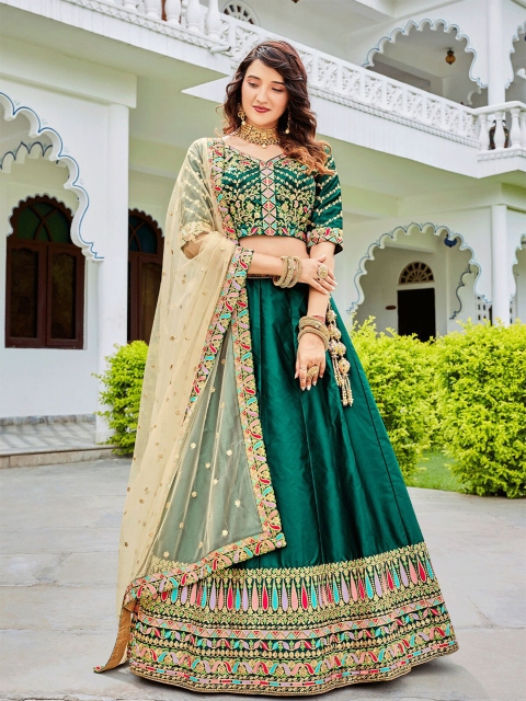 

ODETTE Green & Red Embellished Thread Work Semi-Stitched Lehenga & Unstitched Blouse With Dupatta