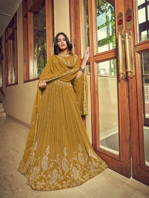 

ODETTE Mustard & Silver-Toned Embroidered Thread Work Semi-Stitched Lehenga & Unstitched Blouse With Dupatta