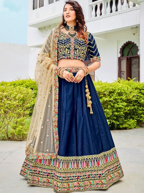 

ODETTE Navy Blue & Red Embellished Thread Work Semi-Stitched Lehenga & Unstitched Blouse With Dupatta