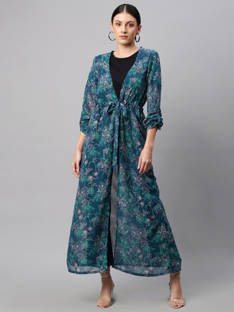 

Chemistry Women Floral Printed Roll Up Sleeves Open Front Longline Shrug, Teal