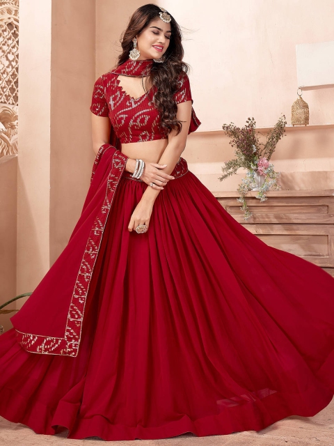 

FABPIXEL Red & Gold-Toned Embroidered Sequinned Semi-Stitched Lehenga & Unstitched Blouse With Dupatta