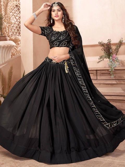 

FABPIXEL Black & Gold-Toned Embroidered Sequinned Semi-Stitched Lehenga & Unstitched Blouse With Dupatta