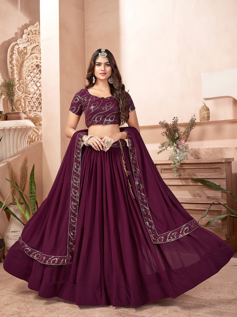 

FABPIXEL Purple & Gold-Toned Embroidered Sequinned Semi-Stitched Lehenga & Unstitched Blouse With Dupatta